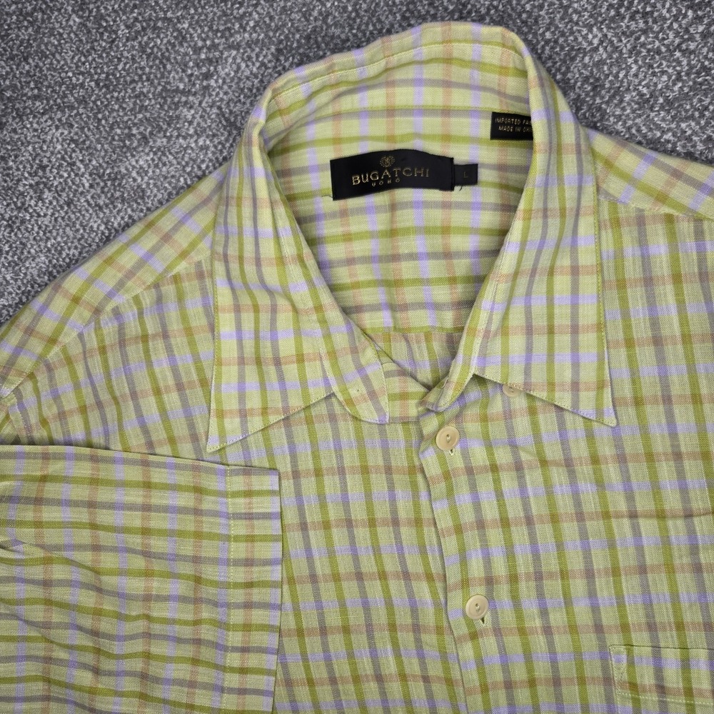 Bugatchi Uomo Shirt‎ Button-Up Short Sleeve Men's Large Green Yellow Check